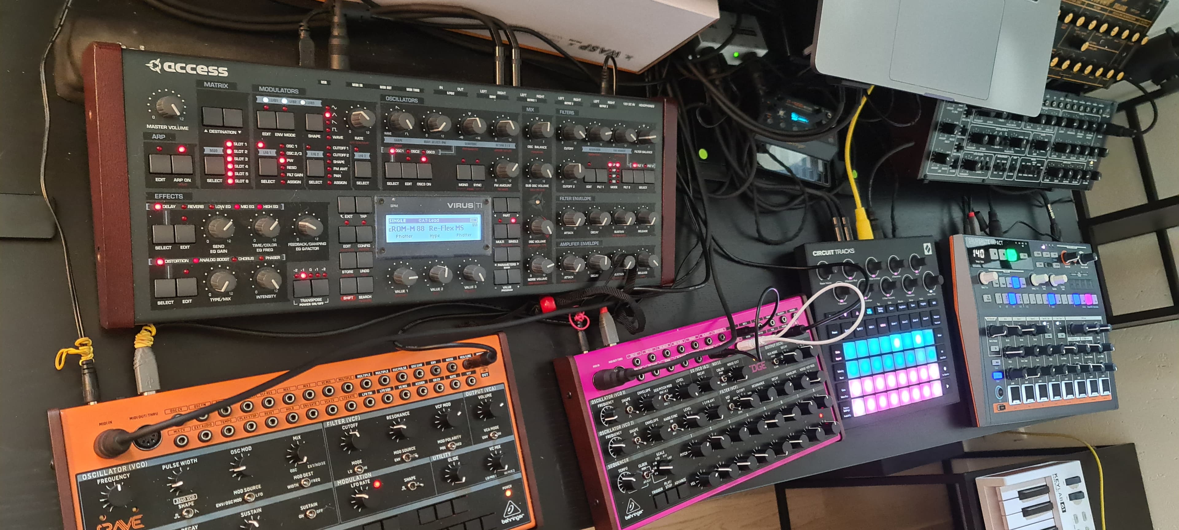 Virus TI Desktop, Behringer Crave, Edge, Circuit Tracks, and rack gear