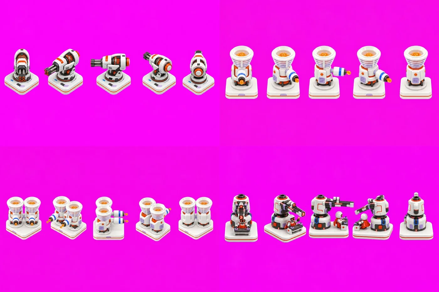 Four raw sprite sheets on flat magenta, each a row of five glossy white towers on keycap tiles. Top left, the Octane gatling turret: the second, third and fourth cells point their barrels left. Top right, the Middleware twin-funnel tier with only one funnel per cell. Bottom left, the same tier with both funnels in every cell, but the third cell's tile is square to the camera. Bottom right, the Artisan tier-5 tower whose tile turns square to the camera in the first, third and fifth cells.