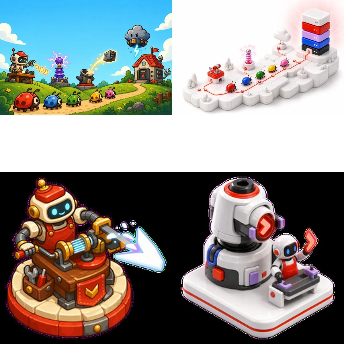 A two-by-two grid. Left, the rejected style: a bright cartoon landscape with green hills, a sandy path, round beetles and a red-roofed house, and an outlined cartoon robot at a wooden workbench tower. Right, the same subjects restyled: a white glossy isometric island with a red circuit trace and vinyl beetles, and a glossy white turret with a small robot on a white keycap tile.