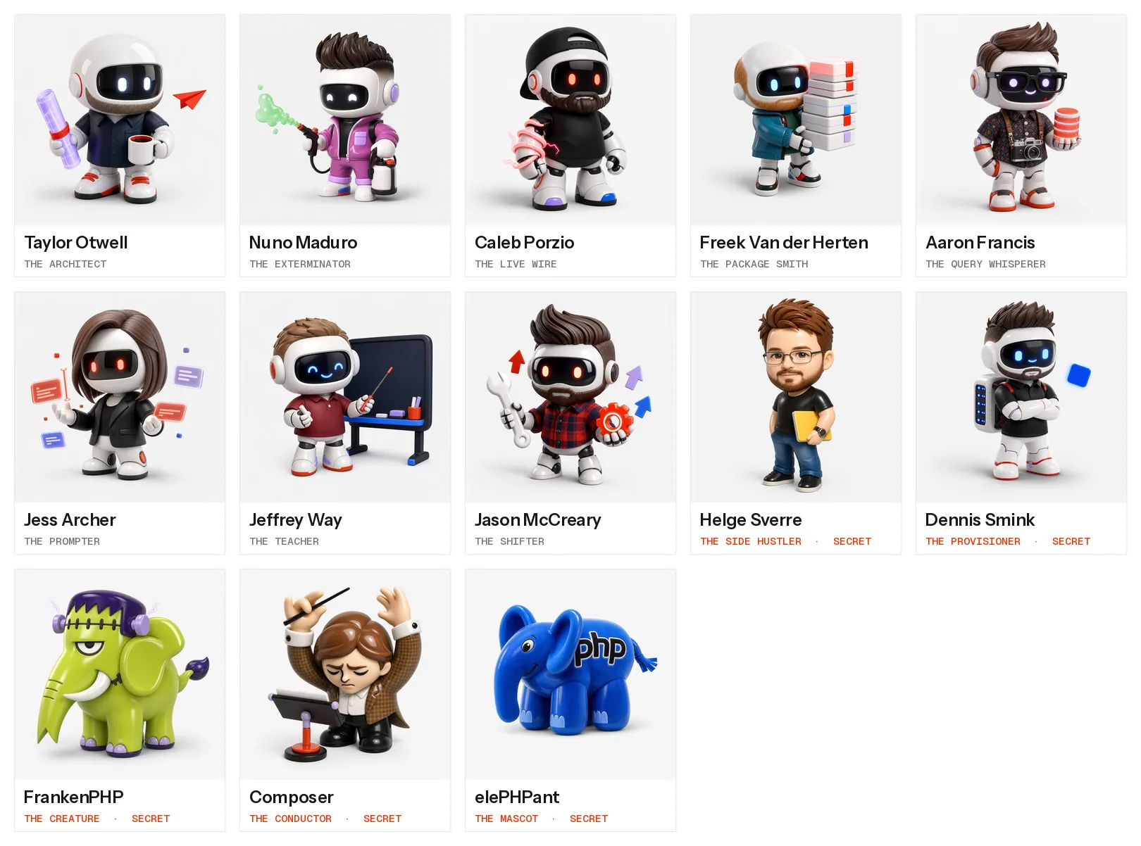 A grid of all thirteen Elite portraits with names and aliases: Taylor Otwell, Nuno Maduro, Caleb Porzio, Freek Van der Herten, Aaron Francis, Jess Archer, Jeffrey Way and Jason McCreary as styled robots, then Helge Sverre as a human chibi, Dennis Smink as a robot, and FrankenPHP, Composer and elePHPant as mascot toys. The last five carry a red Secret tag.