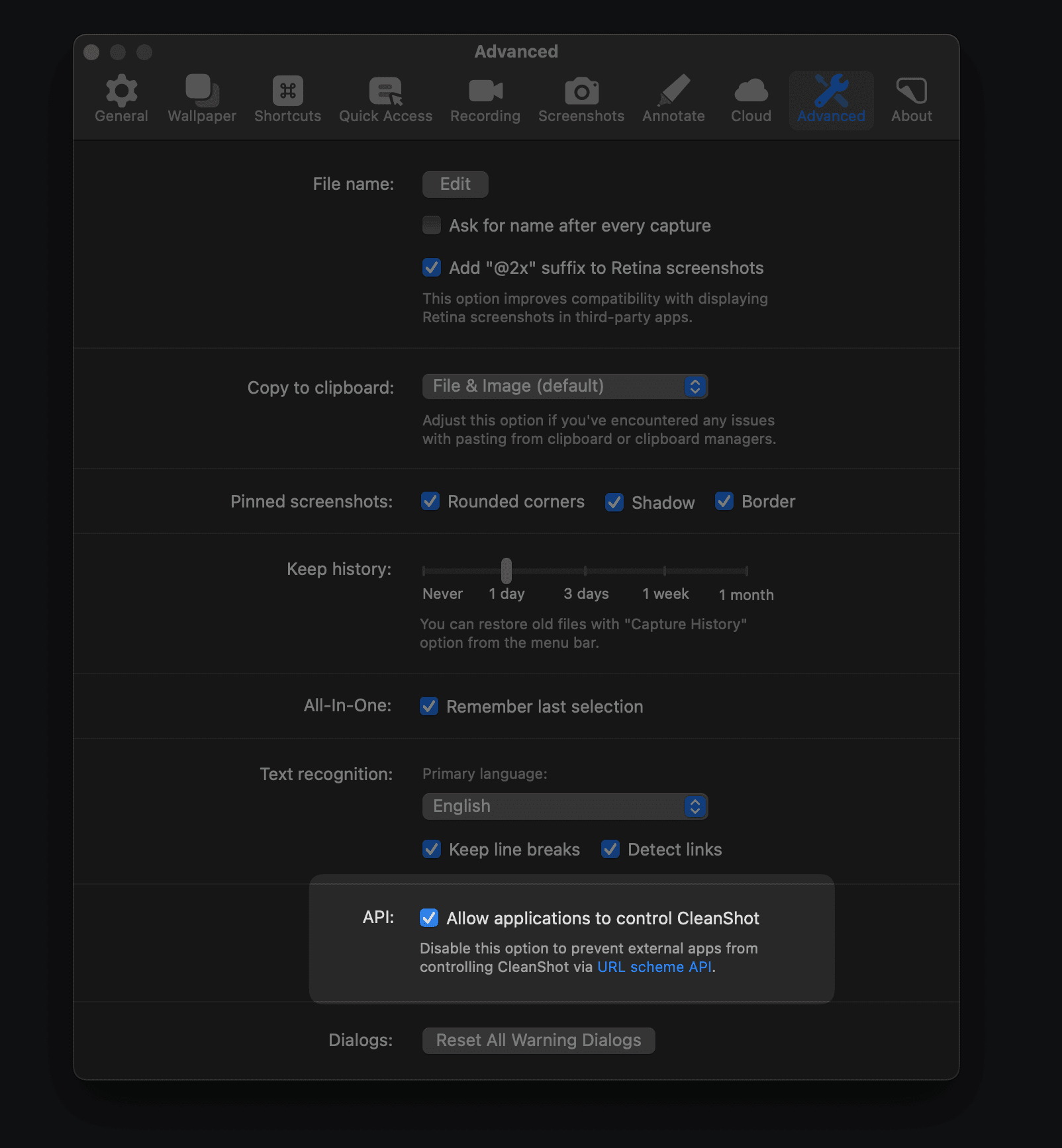 Enable API access in CleanShot X settings