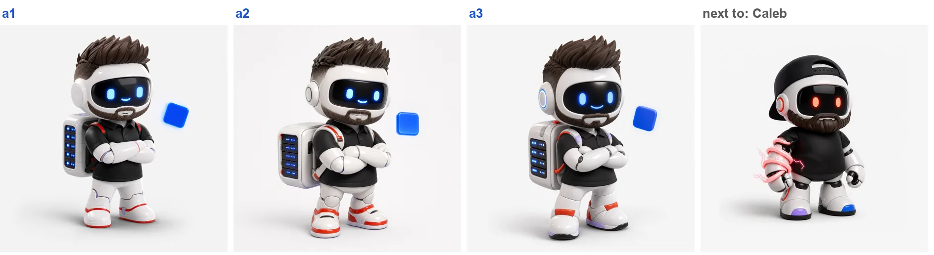 Three preview portraits labelled a1, a2 and a3 of a white robot with short dark spiky hair, stubble and arms crossed in a black polo, a white server backpack with blue lights, and a floating plain blue tile. A fourth panel shows Caleb Porzio's robot for comparison.