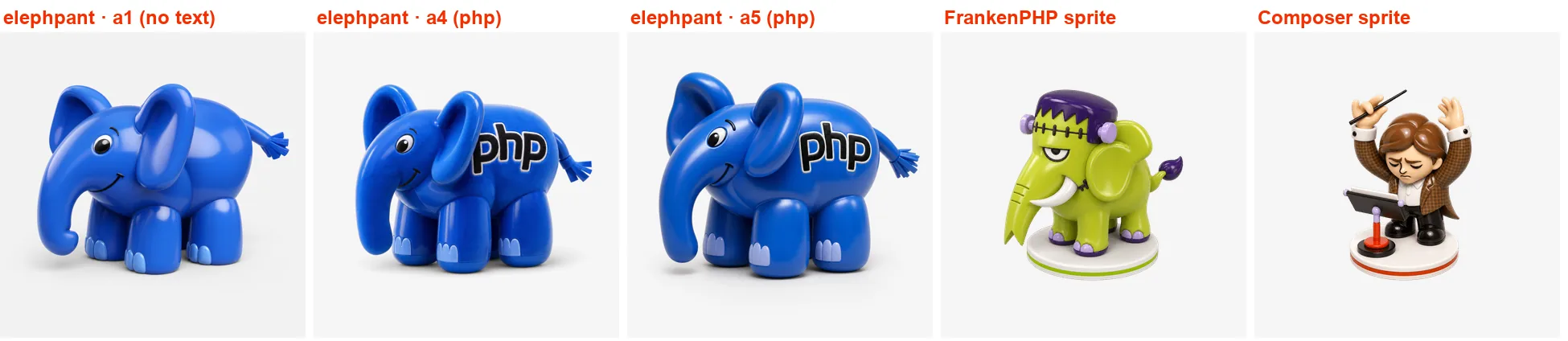 Five panels: the blue elePHPant a1 without text; a4 and a5 with bold black php lettering on the side, a4 with a more velvety finish; then the FrankenPHP in-game sprite on a white base disc with a green stripe, and the Composer conductor sprite on a disc with a red-orange stripe.