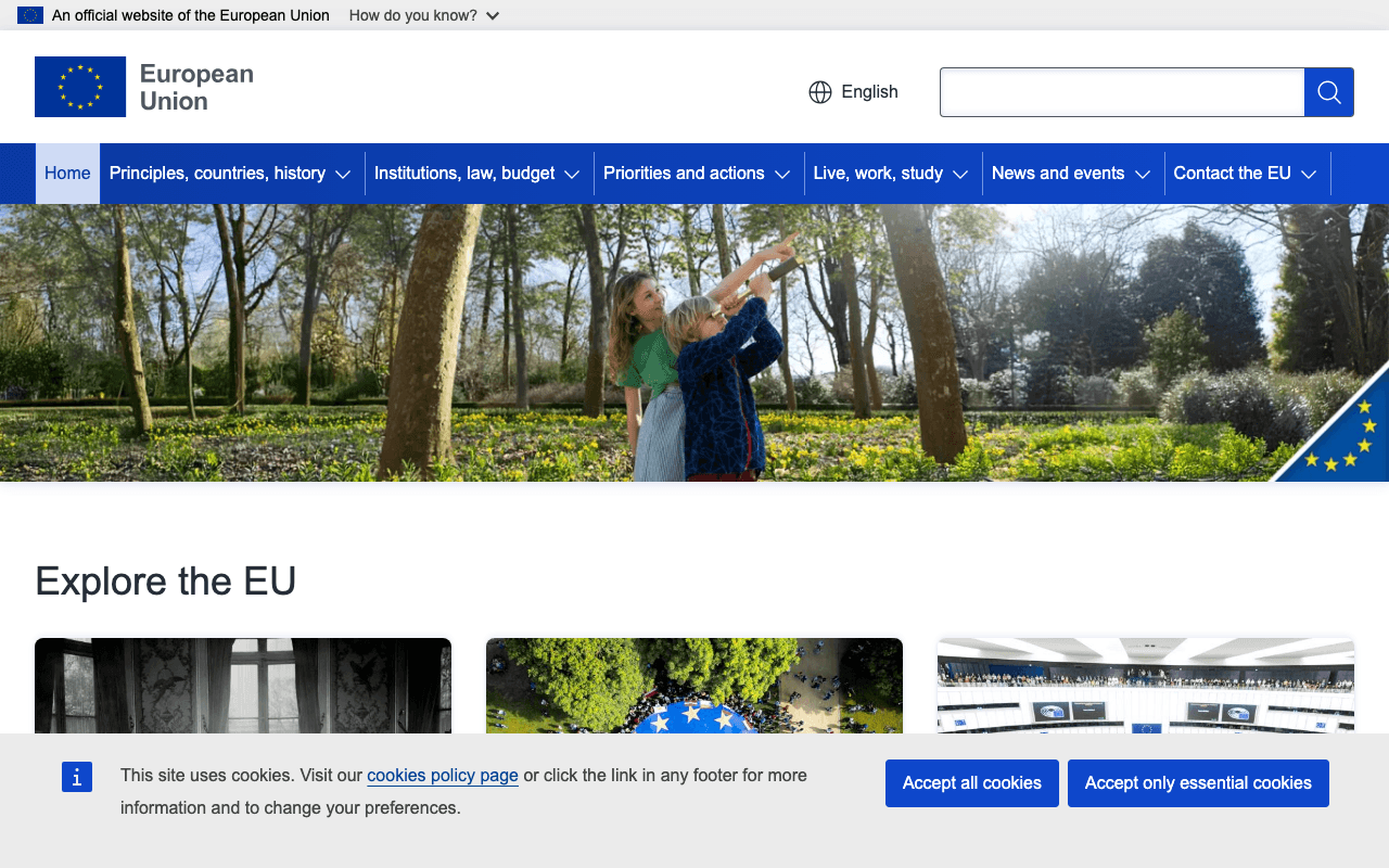 The European Union's official website showing a cookie banner with 'Accept all cookies' and 'Accept only essential cookies' buttons, but no 'Reject' option.