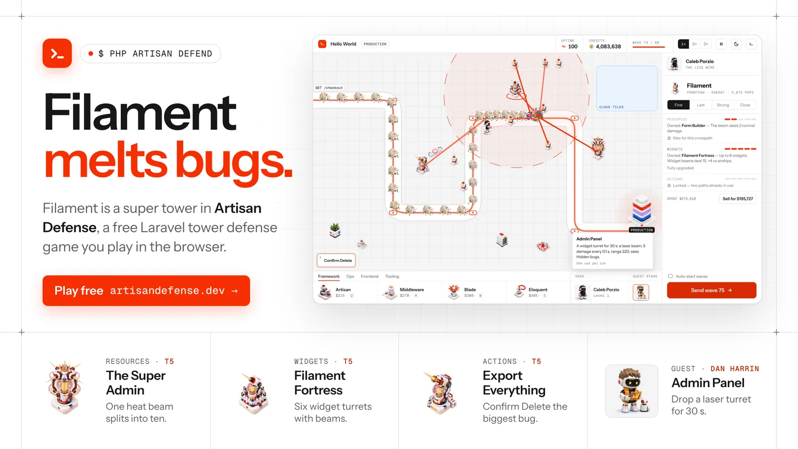 A promo card headlined Filament melts bugs., with the subline Filament is a super tower in Artisan Defense, a free Laravel tower defense game you play in the browser, and a red Play free artisandefense.dev button. On the right a gameplay screenshot of Hello World on Production with Filament towers firing red beams and the Filament inspector open. Along the bottom four cards: The Super Admin, Filament Fortress and Export Everything, each with its tier-5 sprite, and the Admin Panel guest card with Dan Harrin's robot.