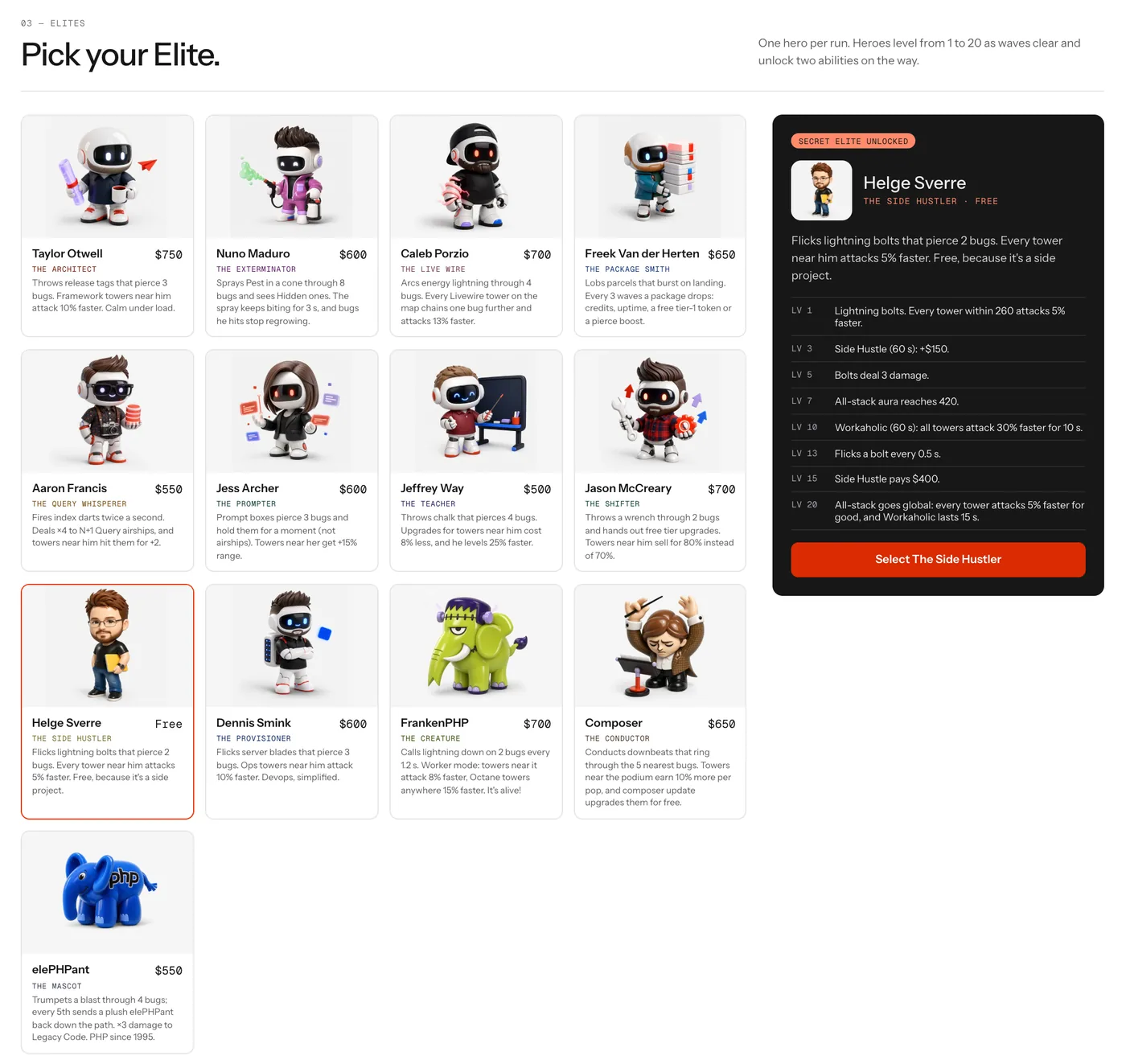 Grid of hero cards with portraits, including a human chibi, a Ploi robot and three PHP mascots, with a dark panel showing the unlocked secret Elite