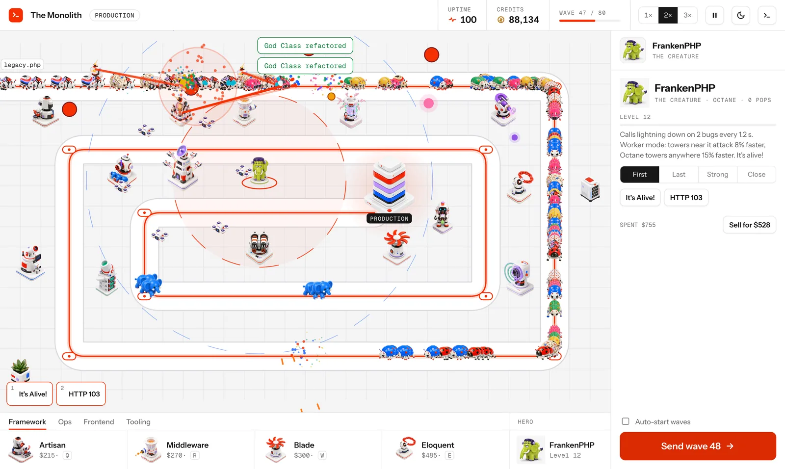 A long spiral map packed with toy bugs, towers along the path and the FrankenPHP hero panel open on the right