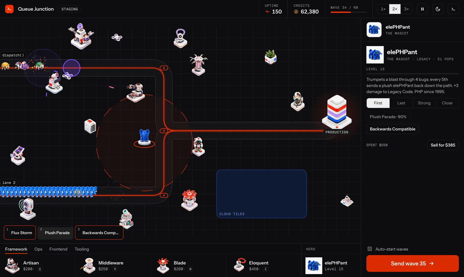 Dark-themed run screen with two lanes, a wall of blue plush elephants charging down one lane