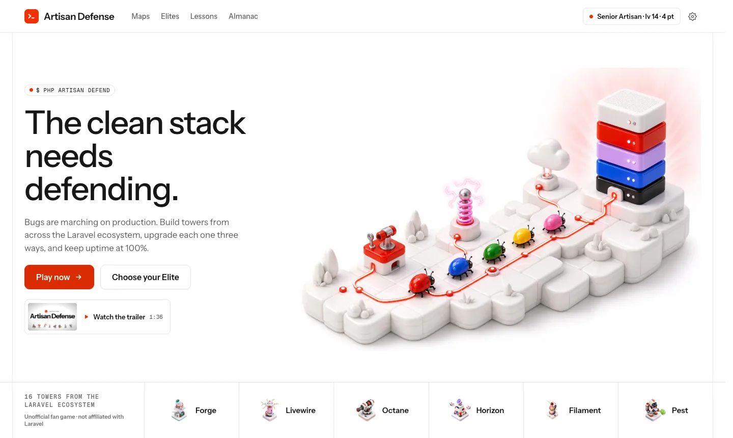 Title screen with the headline The clean stack needs defending, glossy isometric key art and a row of towers