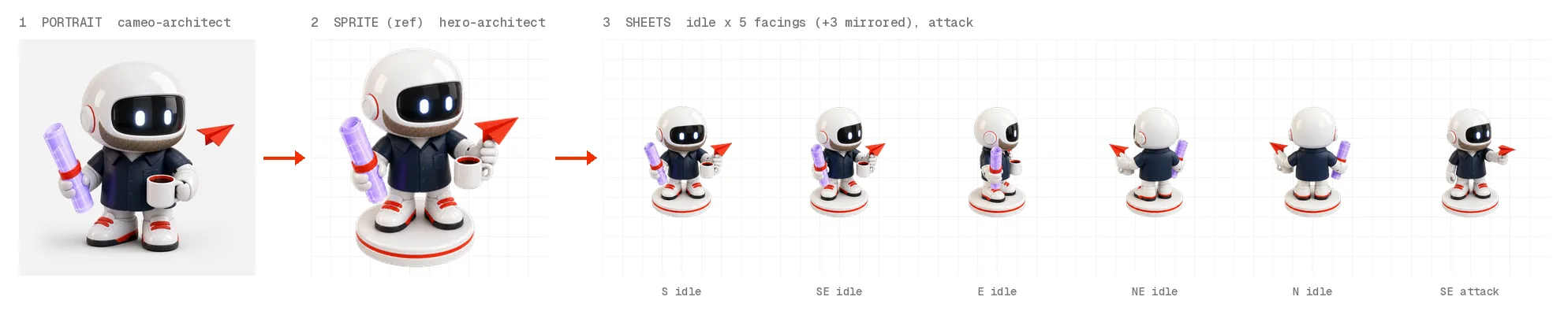 Three stages left to right: the Architect's square character-select portrait (bald robot with stubble, navy shirt, blueprint, mug, paper plane); the same robot as a full-body sprite on a white base disc with a red stripe; then six small sheet cells showing the S, SE, E, NE and N idle facings and the SE attack.