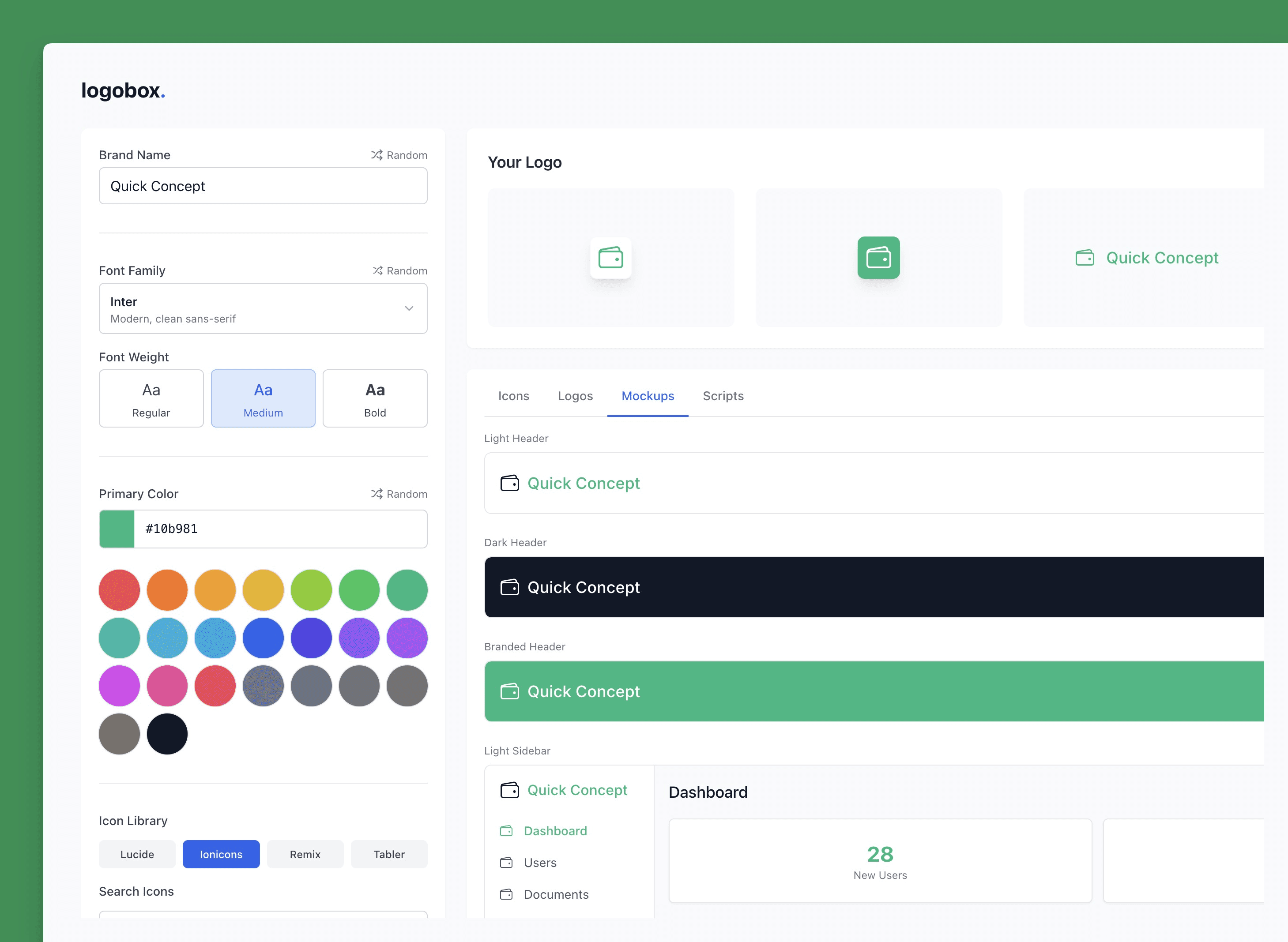 Screenshot of Logobox app showing logo creation process