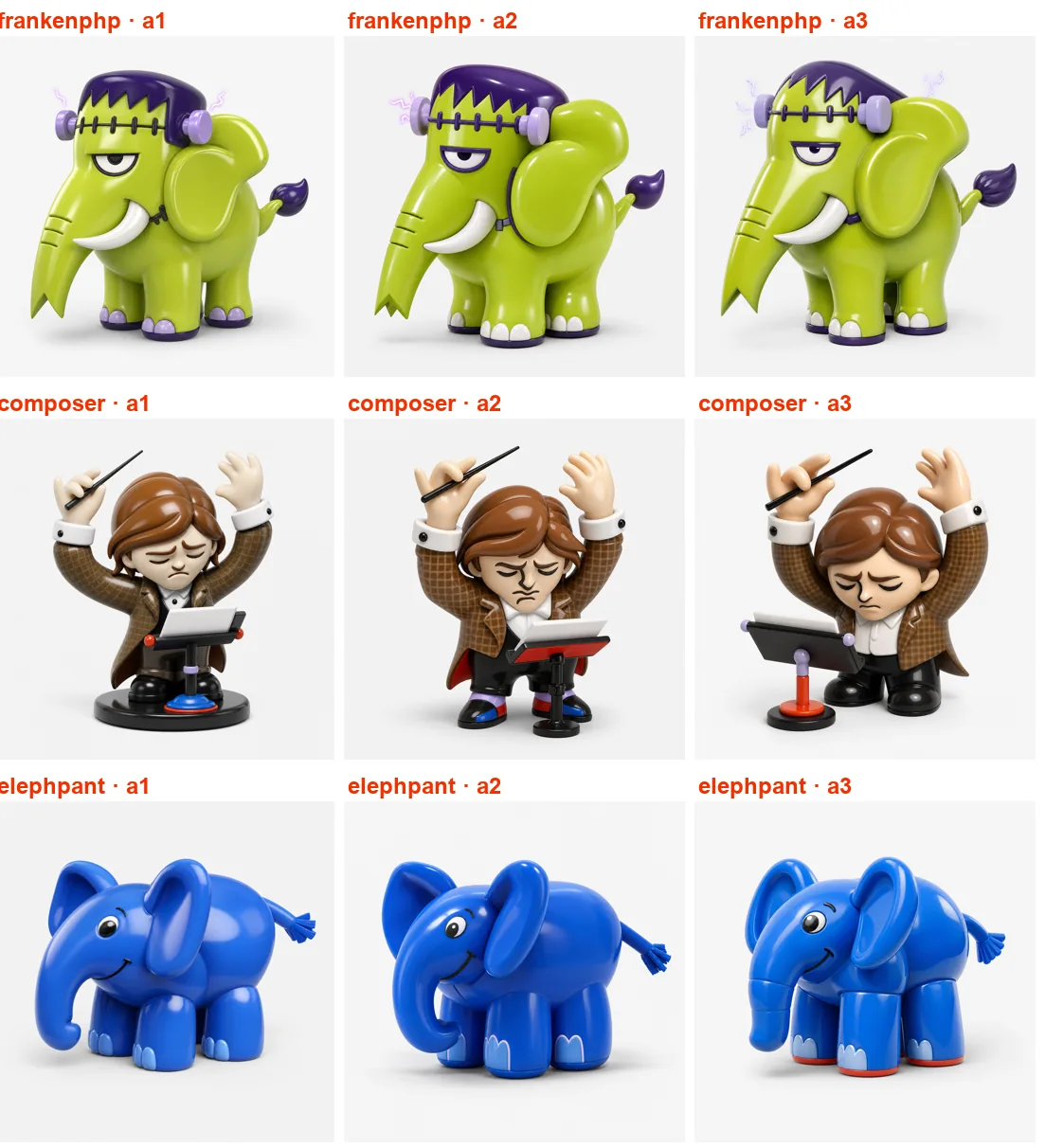 A three-by-three grid of glossy vinyl-toy previews labelled a1 to a3 per mascot: green Frankenstein elephants with purple flat-top hair and neck bolts, brown-haired conductors in tweed tailcoats at music stands, and smooth blue toy elephants without lettering.