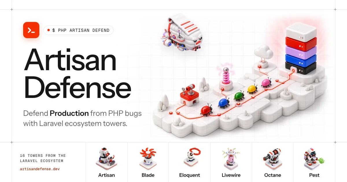 The Open Graph card: on the left a red terminal icon, a pill reading $ PHP ARTISAN DEFEND, the title Artisan Defense and the tagline Defend Production from PHP bugs with Laravel ecosystem towers. On the right the title key art, a floating white tile island with a red circuit trace, coloured beetle bugs and a server stack, with a white block airship above. A bottom strip shows six tower icons labelled Artisan, Blade, Eloquent, Livewire, Octane and Pest.