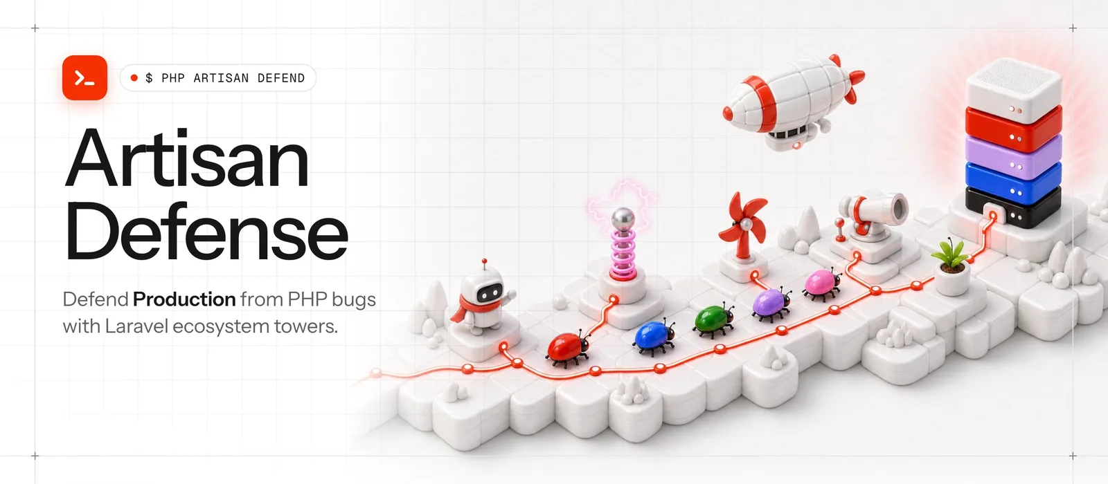 A wide banner: on the left the red terminal icon, the pill $ PHP ARTISAN DEFEND, the title Artisan Defense and the same tagline; on the right a generated panorama of a white tile island with a red circuit trace carrying red, blue, green, lavender and pink beetles toward a server stack, passing a white robot with a red scarf, a pink coil, a red pinwheel, a white cannon and a potted plant, under a white airship with red stripes.