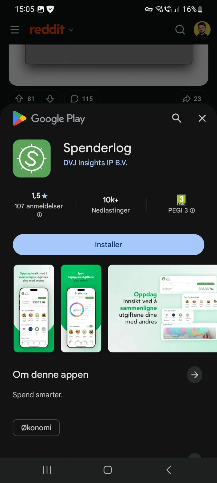 Spenderlog Google Play listing showing 1.5 star rating, 10k+ downloads, developer name 'DVJ Insights IP B.V.', and PEGI 3 rating
