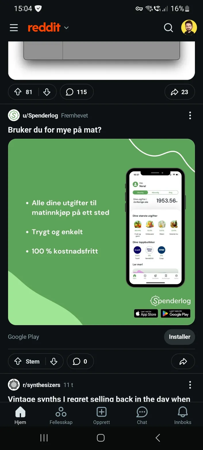Spenderlog promoted post on Reddit — 'Bruker du for mye på mat?' with a green ad showing the app UI, Norwegian grocery store logos, and '100% kostnadsfritt' label