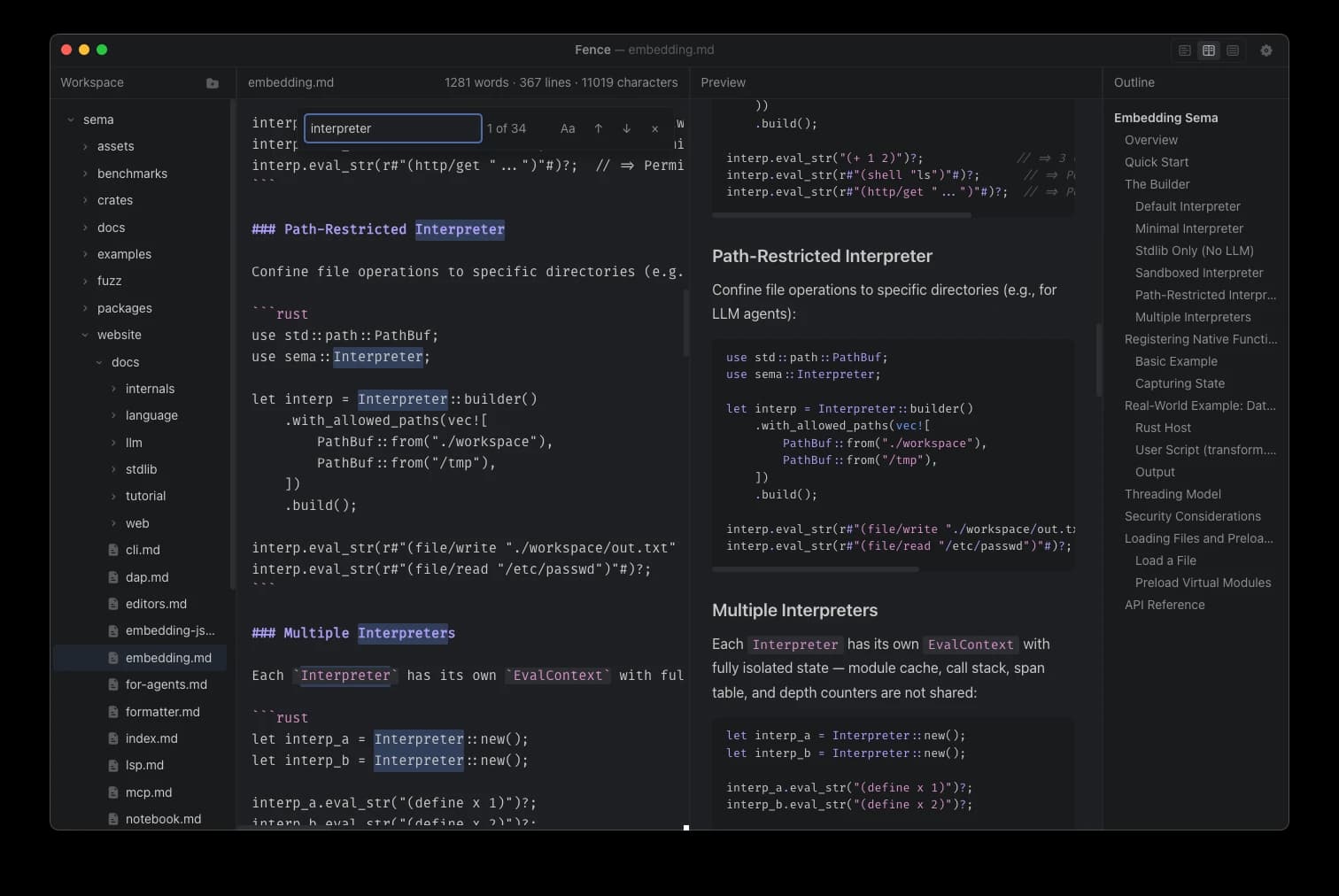 Fence editing Sema's embedding guide, with interpreter search matches in the Markdown source, syntax-highlighted Rust in the live preview, and a document outline.