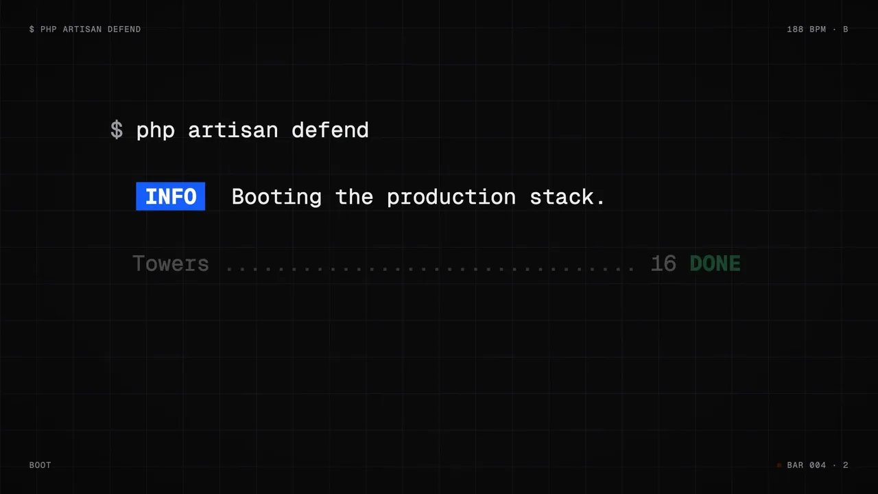 0:05 Boot: php artisan defend, HUD with BPM and bar counter