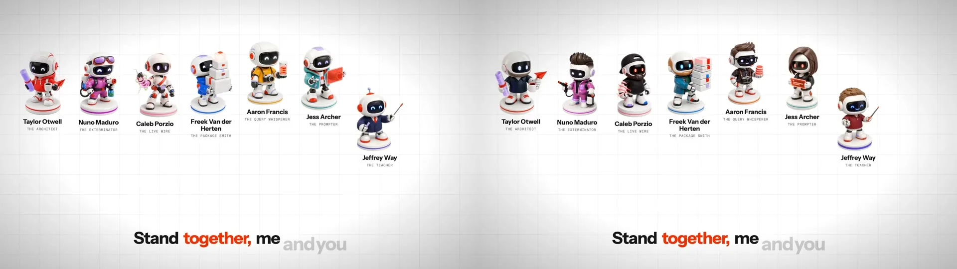 Two copies of the same trailer frame at 59.4 seconds, side by side. Both show seven Elite figurines in a row with names underneath and the lyric 'Stand together, me and you'. On the left the robots have near-identical white helmet heads; on the right they have hair, beards, a cap, glasses and outfits that echo each person.