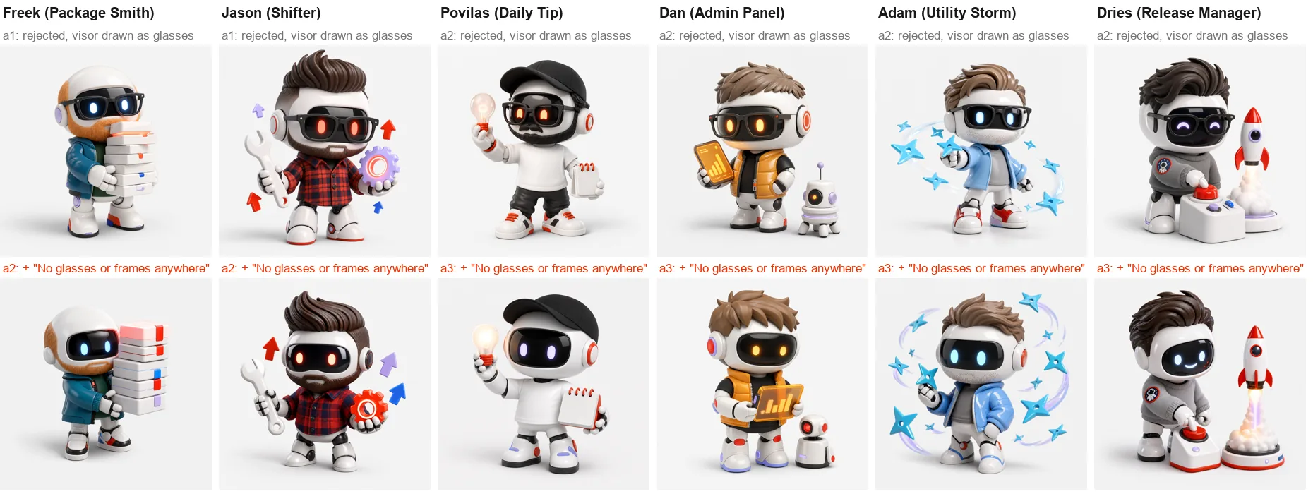 Two rows of six robots. Top row, labelled rejected: Freek, Jason, Povilas, Dan, Adam and Dries each wear thick black glasses over the visor. Bottom row, labelled with the added sentence ‘No glasses or frames anywhere’: the same six robots with a plain dark visor and their hair, beards, caps and props unchanged.