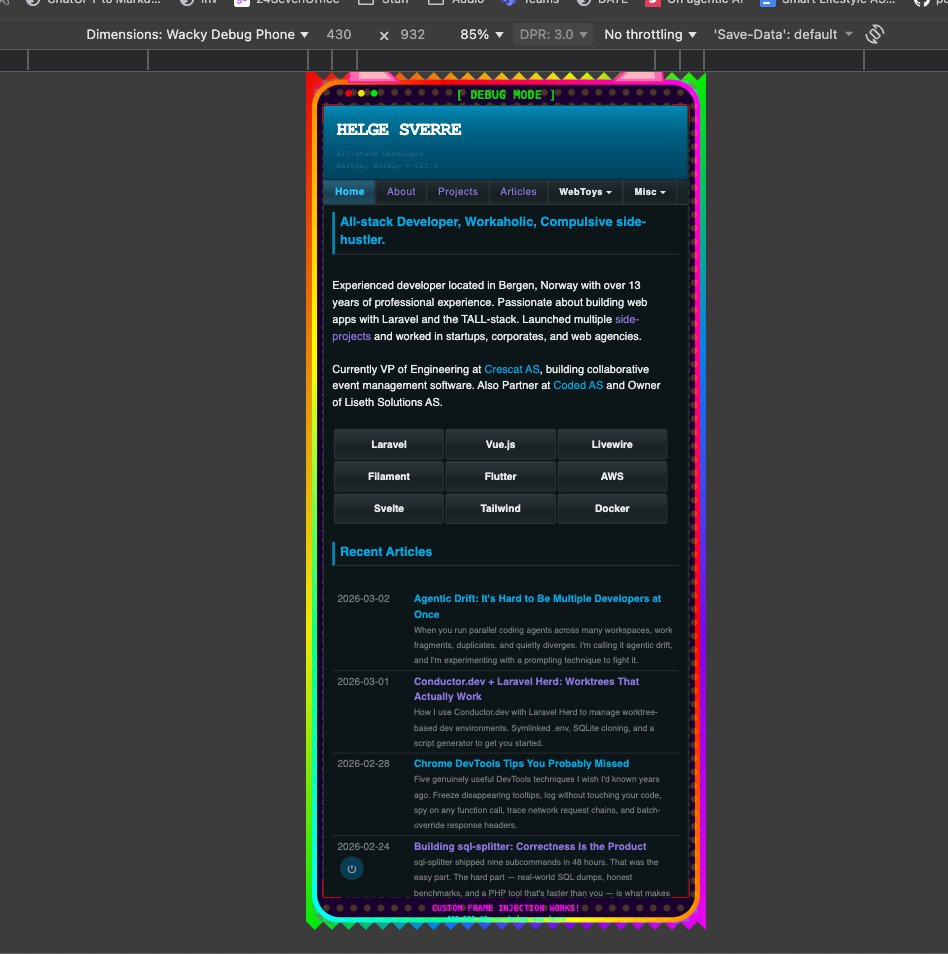 Chrome DevTools showing a custom 'Wacky Debug Phone' device frame with rainbow borders and cat ears around the viewport