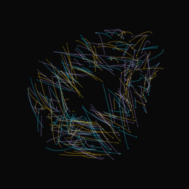 Hundreds of coloured lights tracing short curved trails through a dark field