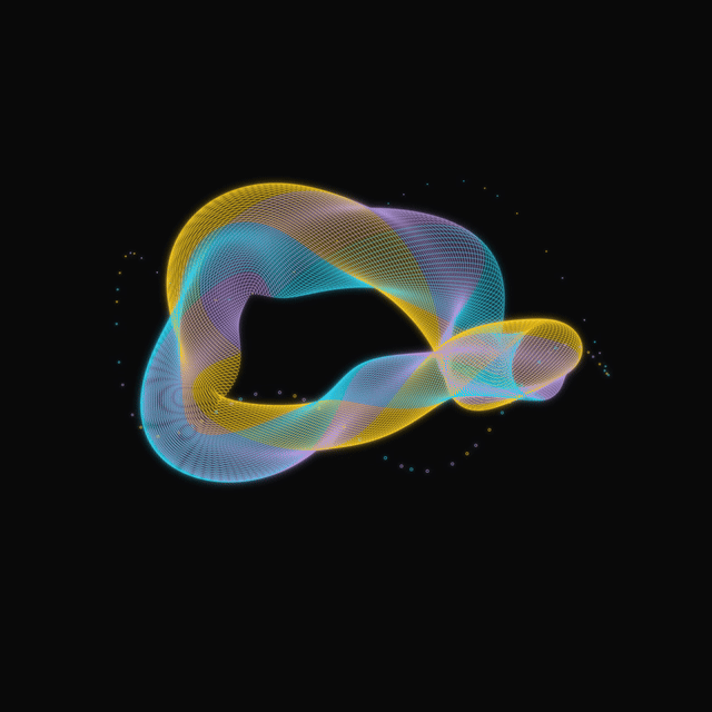 Glowing gold, cyan, and lilac ribbons twisting into a three-dimensional loop