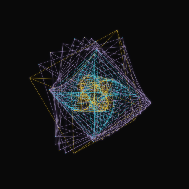Nested gold, cyan, and lilac octahedral cages rotating and expanding