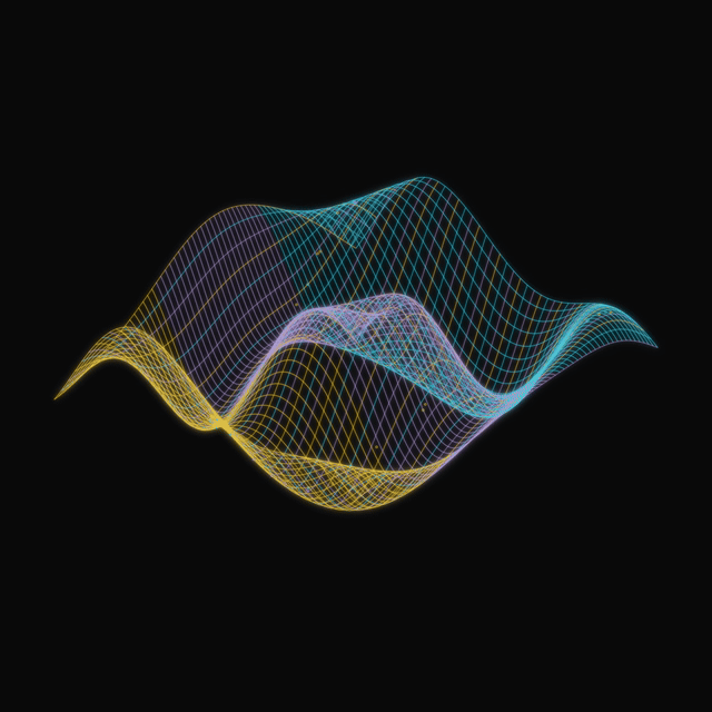 A luminous grid rising and falling as waves travel across its surface